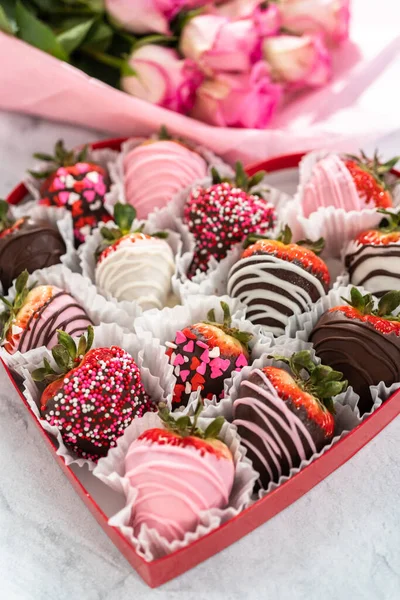 Heart Shaped Box Assorted Chocolate Covered Strawberries White Background — Stock Photo, Image