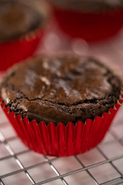 Kühlen Frisch Gebackene Schokoladen Pfefferminz Cupcakes Auf Der Küchentheke — Stockfoto