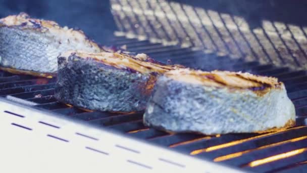 Grilování Steaků Lososa Venkovním Plynovém Grilu — Stock video