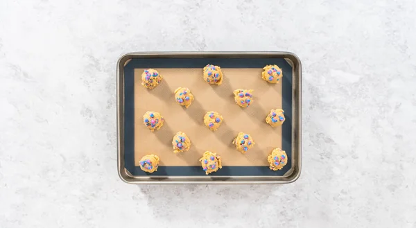 Flat Lay Chilled Cookie Dough Scoops Baking Sheet Bake Unicorn — Stock Photo, Image