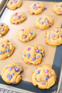 Taze pişmiş tek boynuzlu at çikolatalı kurabiyeleri silikon minderle kaplı bir tepside..