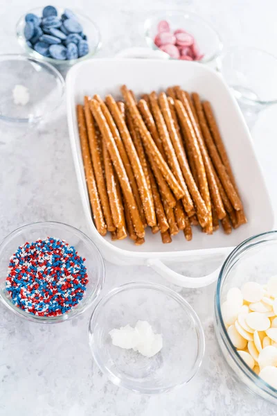 Ingredients Glass Mixing Bowls Prepare Chocolate Dipped Pretzel Rods July — Stock Photo, Image
