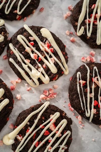 Freshly Baked Chocolate Cookies Peppermint Chips White Chocolate Drizzle Top — Stock Photo, Image