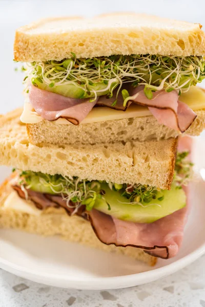 Stack Ham Cucumber Sprout Sandwiches White Plate —  Fotos de Stock
