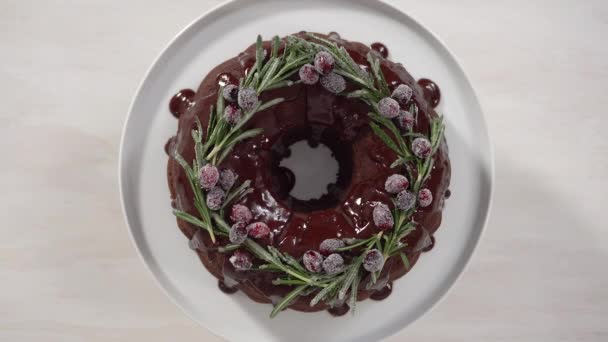 Step Step Flat Lay Chocolate Bundt Cake Chocolate Frosting Decorated — Stock Video