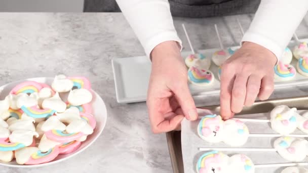 Step Step Transfering Freshly Baked Unicorn Meringue Pops Cookies Baking — Stock Video