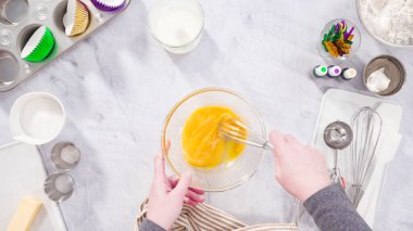 Düz yatıyordu. Adım adım. Vanilyalı Mardi Gras keki yapmak için karışımı karıştırıyorum..