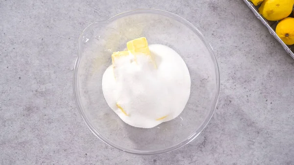 Пласка Лежала Крок Кроком Змішування Інгредієнтів Скляній Мисці Приготування Лимонного — стокове фото