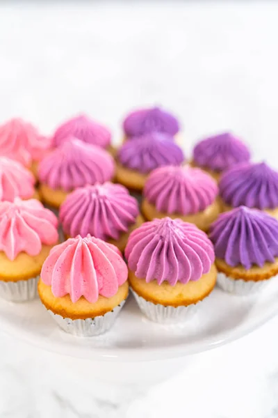 Kue Mangkuk Vanili Mini Yang Baru Dipanggang Dengan Buttercream Merah — Stok Foto