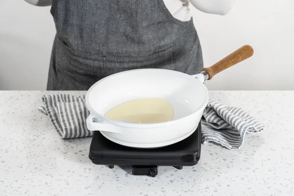 Frying Onion Nonstick Frying Pan Make Breakfast Empanadas Eggs Sweet — Stock Photo, Image