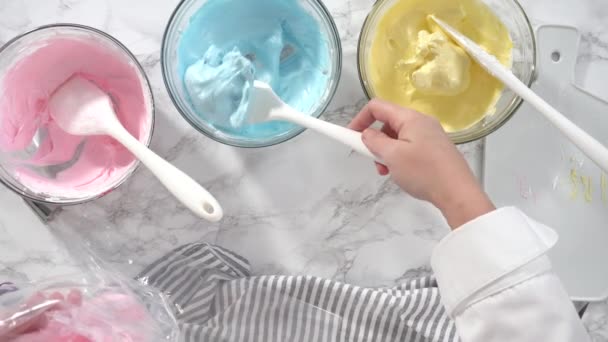 Step Step Flat Lay Mixing Food Coloring Meringue Bake Unicorn — Stock Video