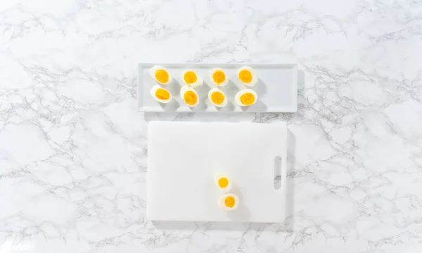 Slicing Hard Boiled Eggs White Cutting Board — Stock Photo, Image