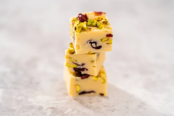 Homemade Cranberry Pistachio Fudge Square Pieces Stacked Kitchen Counter — Stock Photo, Image