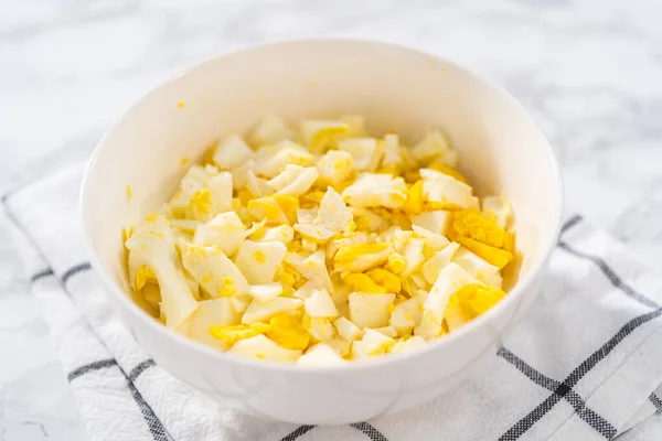 Chopped Hard Boiled Eggs White Ceramic Bowl — Stock Photo, Image