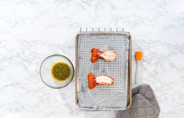 Flat Lay Buttering Lobster Tails Baking Sheet Kitchen Foil — Stock Photo, Image