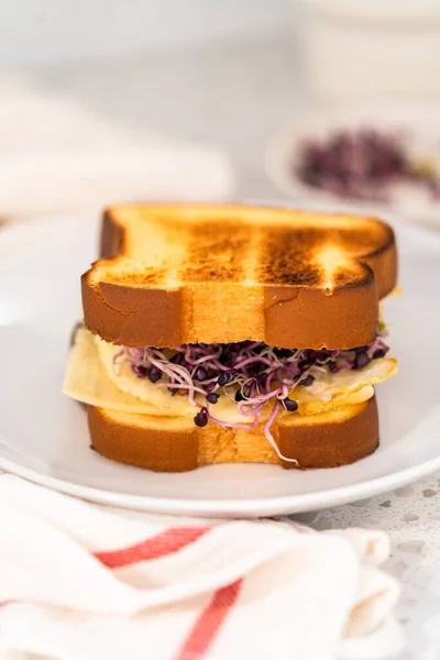 Сніданок Яйце Бутерброд Паростків Білій Тарілці — стокове фото