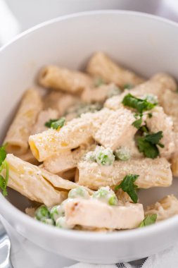 Küçük bir kasede yeşil bezelyeli tavuk ve rigatoni makarna..