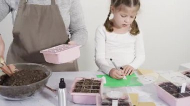 Zaman aşımı. Tohum yayıcıya toprak ekmeye yardım eden küçük kız..