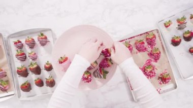 Düz yatıyordu. Adım adım. Pembe pasta standında çeşitli çikolata soslu çilekler hazırlıyorum..