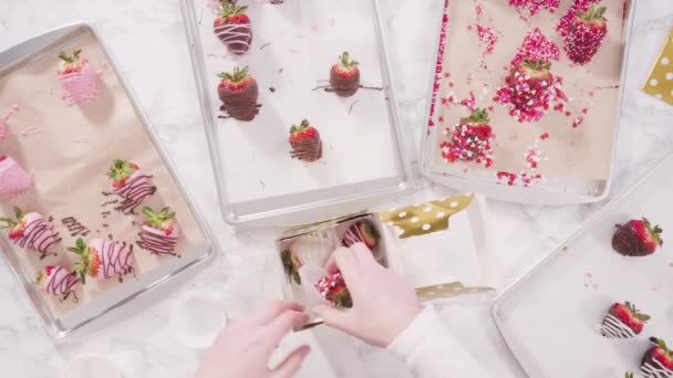 Plat Gelegd Stap Voor Stap Verpakking Gastronomische Chocolade Gedompeld Aardbeien — Stockvideo