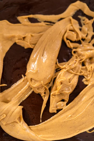 Pouring Fudge Mixture Baking Pan Lined Parchment Paper Prepare Chocolate — Stock Photo, Image