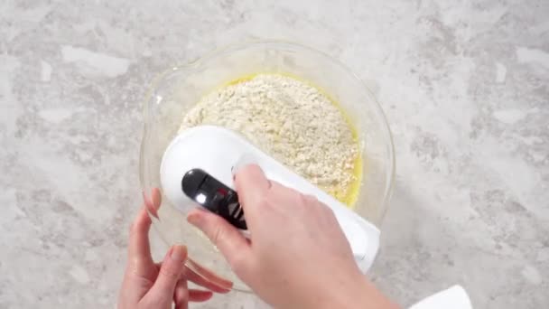 Time Lapse Flat Lay Mixing Ingredients Glass Mixing Bowl Bake — Stock Video