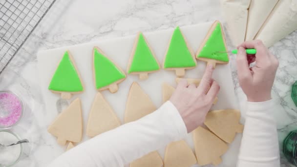 Flach Lag Schritt Für Schritt Pudding Zuckerkekse Weihnachtsbaumform Mit Grünem — Stockvideo