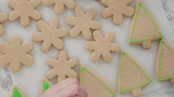 Flat Lay Stp Step Icing Christmas Tree Shaped Sugar Cookies — Stock Video