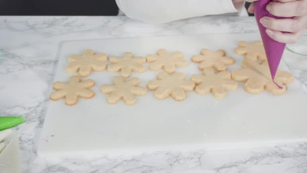 Step Step Icing Snowflake Shaped Sugar Cookies Pink Royal Icing — Stock videók