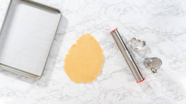 Düz yatıyordu. Yuvarlanan kurabiye hamuru ve panda şeklinde kurabiye kesme.