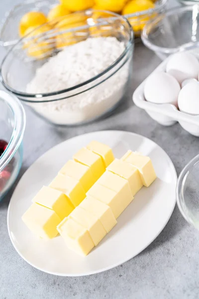 Ingredients Glass Mixing Bowls Prepare Lemon Cranberry Bundt Cake — Stock Photo, Image
