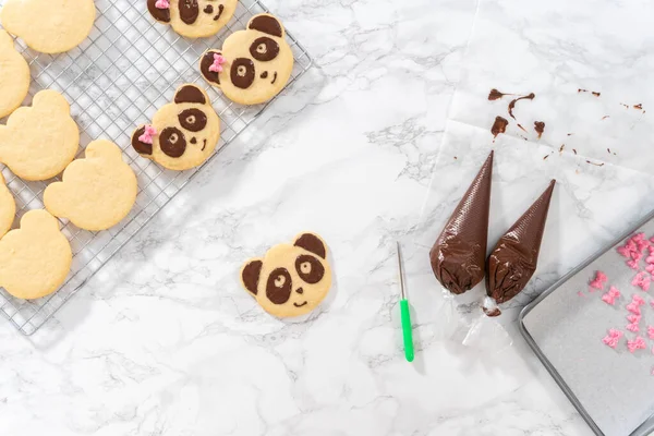 Flat Lay Icing Panda Shaped Shortbread Cookies Chocolate Icing — Stock Photo, Image