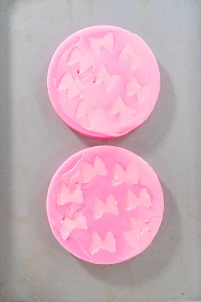 Preparing Pink Chocolate Bows Decorate Panda Shaped Shortbread Cookies — Stock Photo, Image