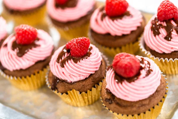Gourmet Chocolade Frambozen Cupcakes Besprenkeld Met Chocolade Ganache Bedekt Met — Stockfoto