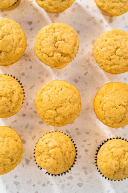 Mutfak tezgahında taze pişmiş kek yiyorum..