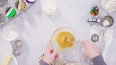 Düz yatıyordu. Adım adım. Vanilyalı Mardi Gras kekleri pişirmek için karışımı elektrikli mikserle karıştırıyorum..