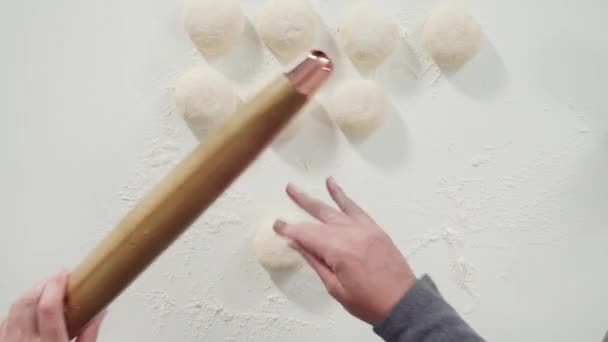 Time Lapse Flat Lay Rolling Bread Dough French Rolling Pin — Stock Video