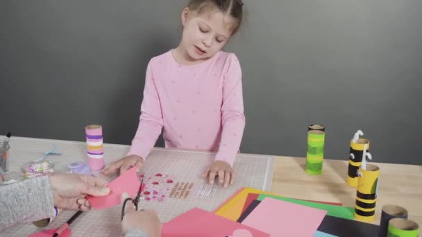 Kids Papercraft Making Paper Bugs Out Empty Toilet Paper Rolls — Stock Video