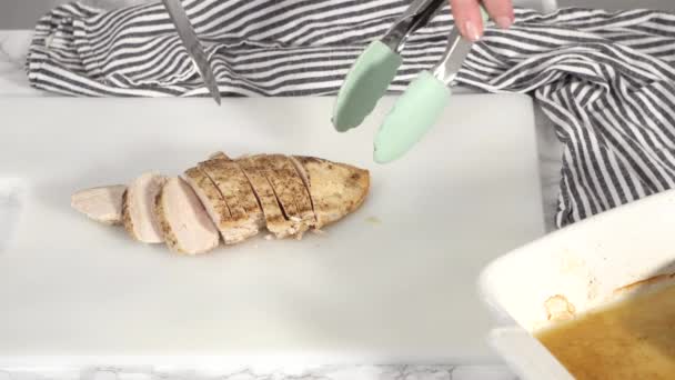 Step Step Slicing Freshly Baked Chicken Breast White Cutting Board — Stock Video