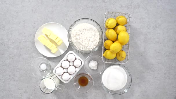 Плоский Лежал Ингредиенты Стеклянных Мисках Приготовления Лимонного Клюквенного Пирога — стоковое видео