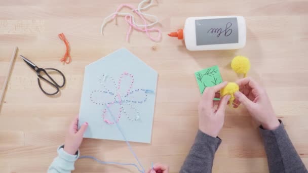 Flat Lay Little Girl Learning How Sew Her Mother Craft — Video