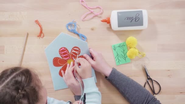 Flat Lay Little Girl Learning How Sew Her Mother Craft — Stock video