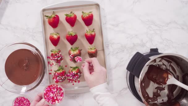 平躺在床上一步一步 将有机草莓浸入融化的牛奶巧克力中 — 图库视频影像