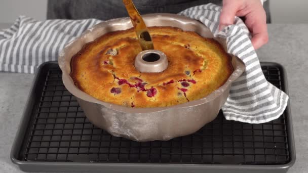 Krok Kroku Chłodzenie Cytrynowego Ciasta Żurawinowego Wieszaku Drutu Kuchennego — Wideo stockowe
