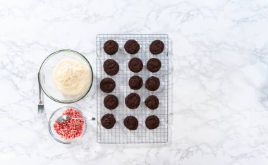 Düz yatıyordu. Naneli beyaz çikolatalı kurabiyeler hazırlamak için eritilmiş beyaz çikolataya çikolatalı kurabiyeler batırmak..