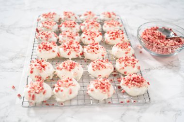 Naneli beyaz çikolatalı kurabiyeler hazırlamak için eritilmiş beyaz çikolataya çikolatalı kurabiyeler batırmak..