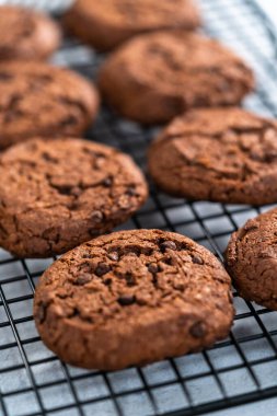 Soğutma dolabında taze pişmiş çift çikolatalı kurabiye..