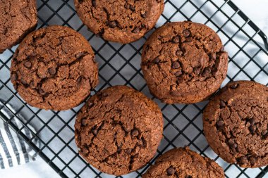 Soğutma dolabında taze pişmiş çift çikolatalı kurabiye..