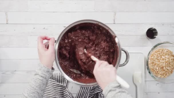 Flat Lay Step Step Melting Chocolate Chips Cooking Pot Make — Stock Video