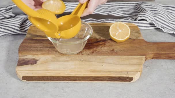 用柠檬汁从有机柠檬中挤出果汁 — 图库视频影像
